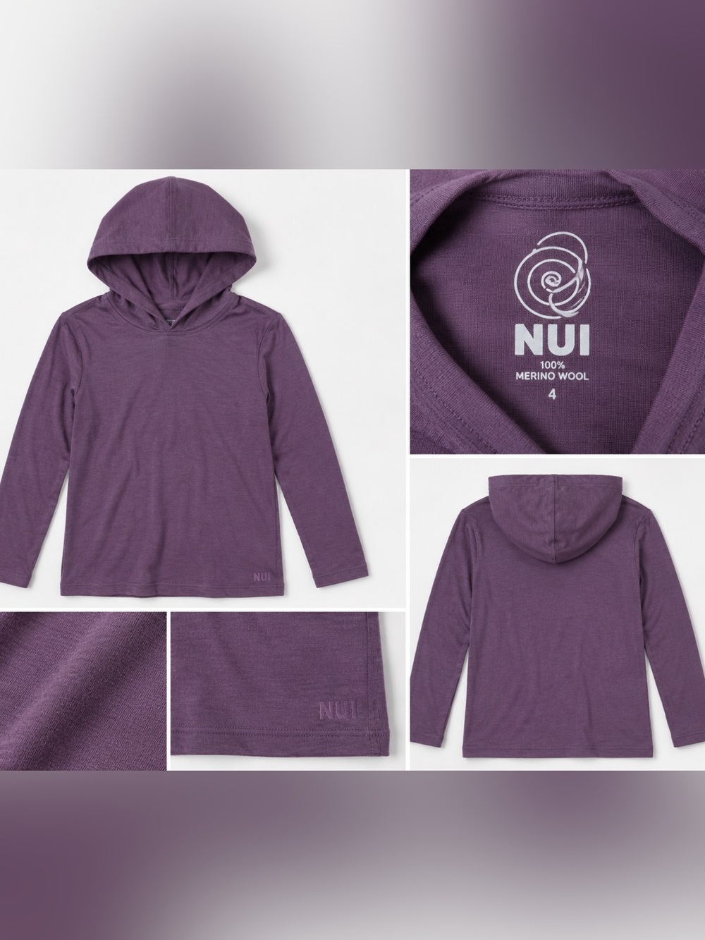 NWT NUI Organics Trailhead Hoodie Plum 4Y Organic Merino Wool